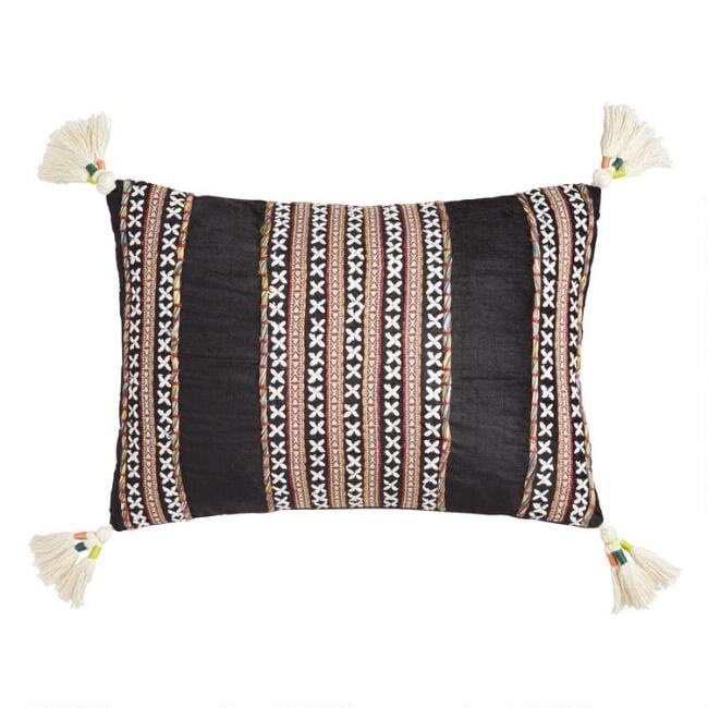 Black Velvet Embroidered Nora Lumbar Pillow