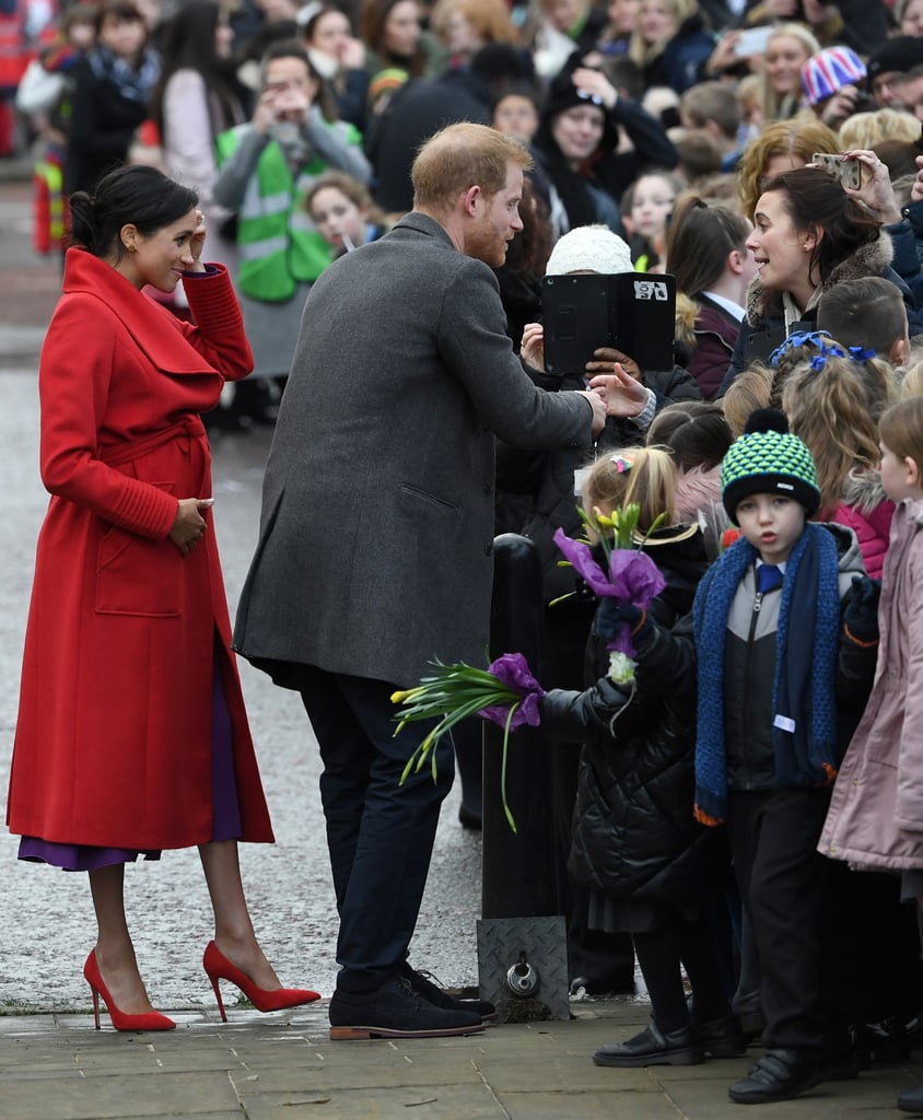 Meghan Markle Red and Purple Outfit Birkenhead January 2018