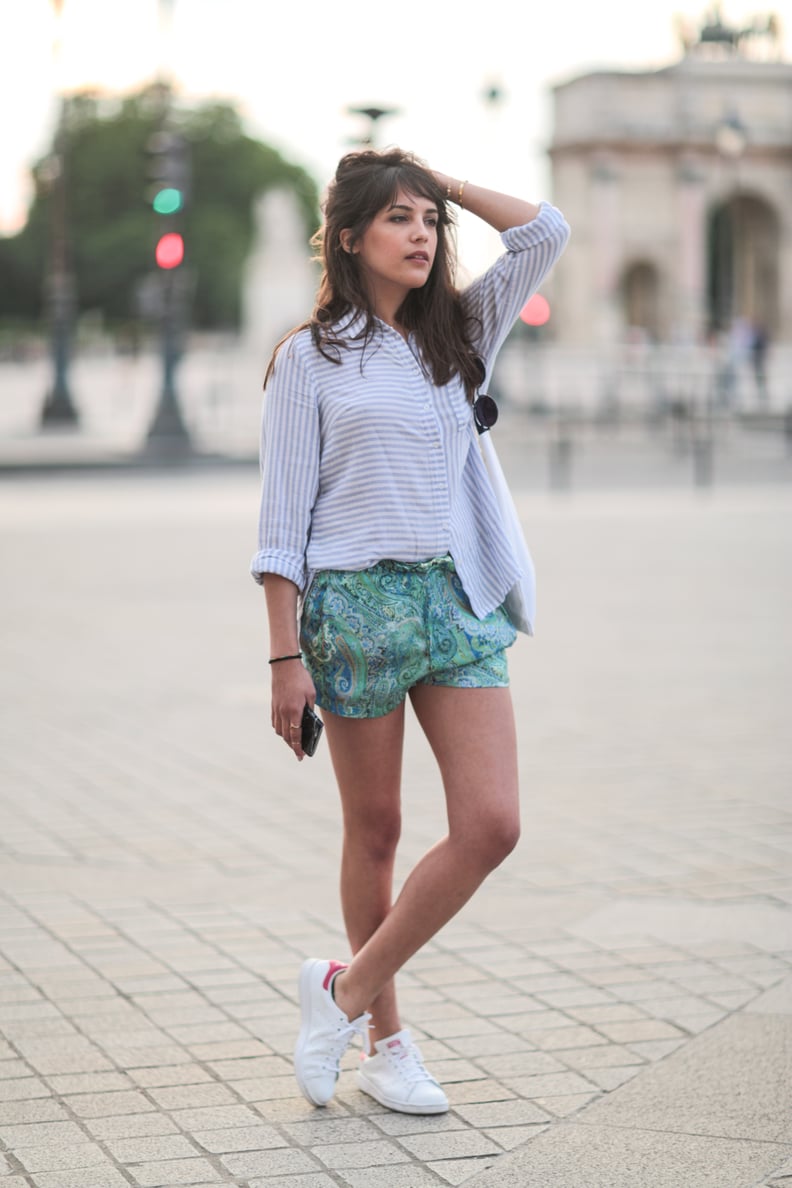 Style Your White Sneakers With a Striped Shirt and a Pair of Paisley Shorts