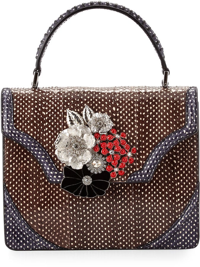 Alexander McQueen Polka-Dot Snakeskin Satchel Bag w/Floral Brooch ($3,895)