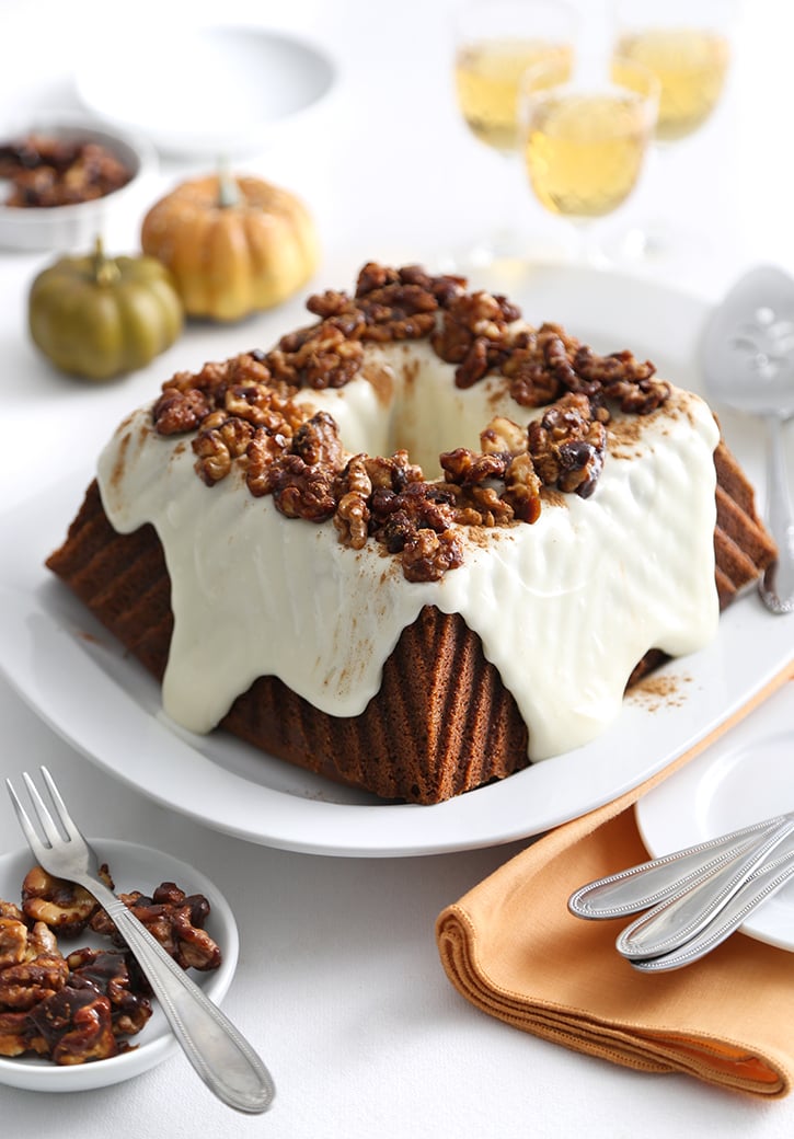 Pumpkin Cream Cheese Bundt Cake With Spiced Candied Walnuts