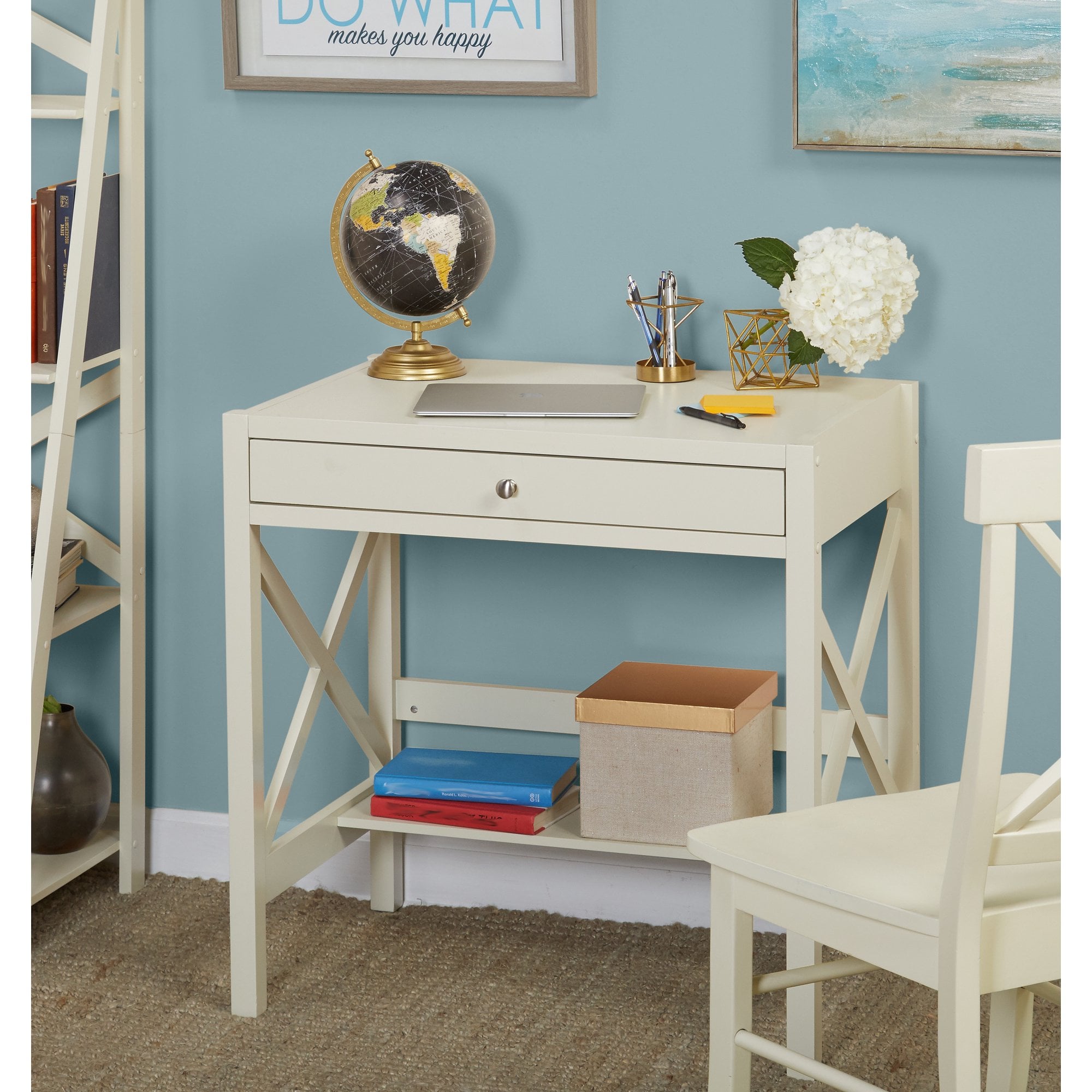 X desk with pullout store drawer and shelf