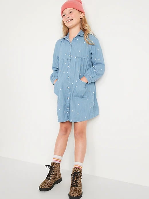 Old Navy Long-Sleeve Embroidered Jean Mini Shirt Dress for Girls