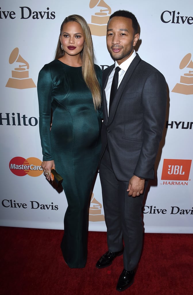 In a green Galvan gown, Chrissy attended a pre-Grammys party with John.