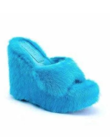 Miss Fox Faux Fur Slippers Open Toe Solid Color Wedge Heels