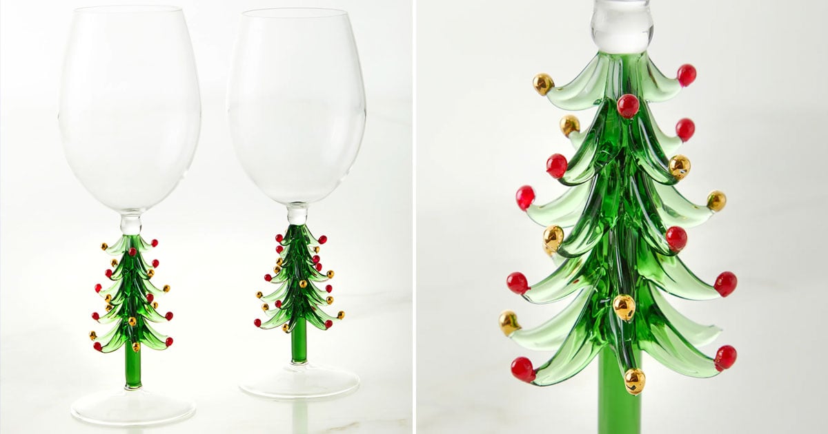 Set of 2 Stemmed Christmas Tree Design Wine Glasses - Hand Painted 14 oz  Decorated Christmas Tree Glasses - Perfect for Wine, Champagne, Holiday