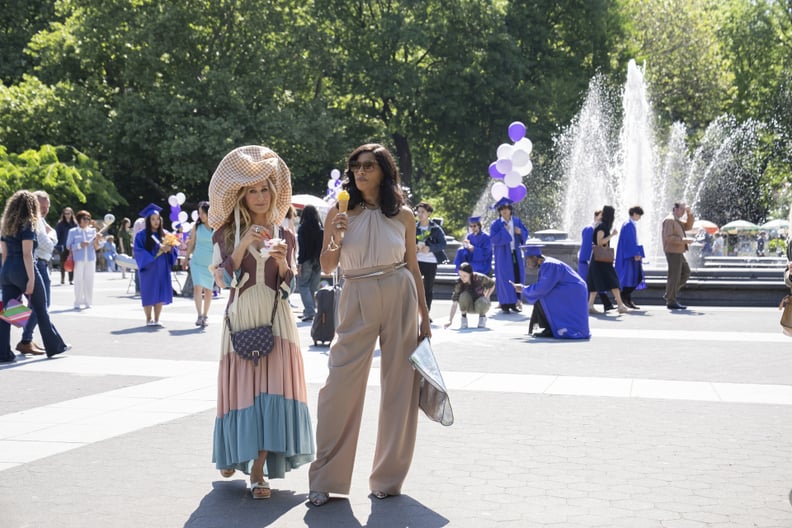 Carrie Bradshaw's Striped Maxi and Oversize Hat in "And Just Like That" Season 3, Episode 1