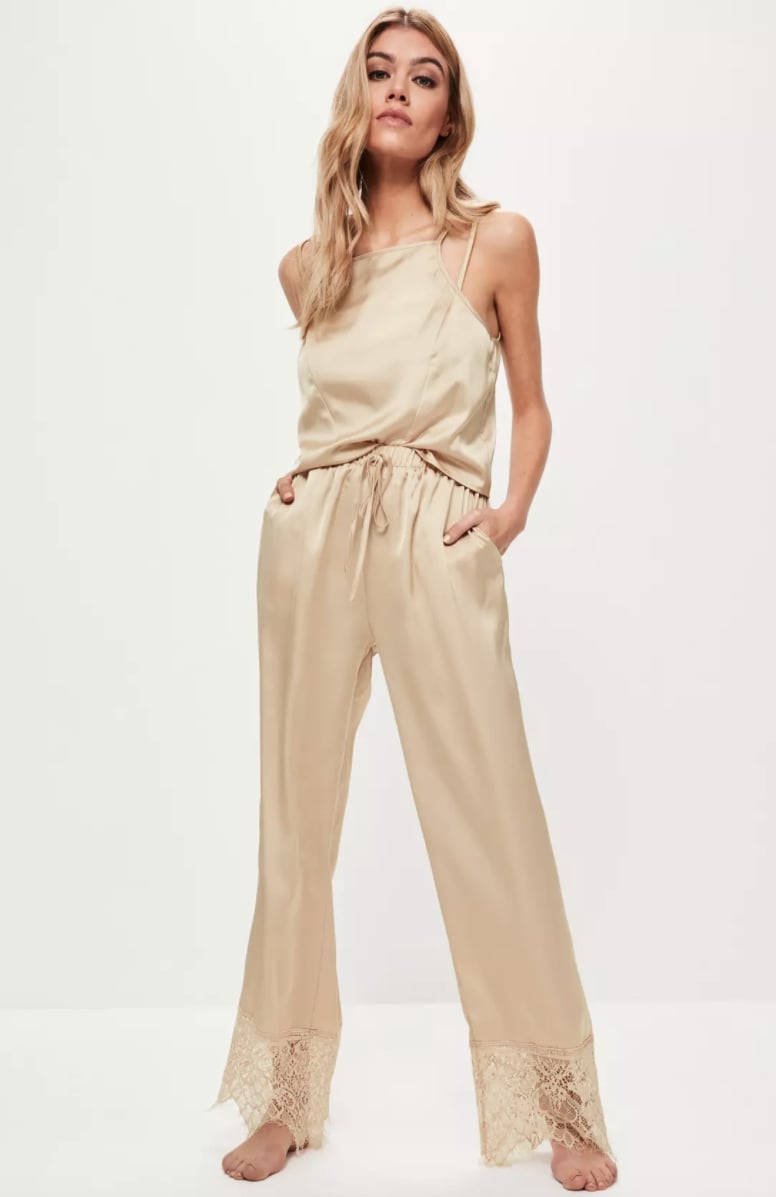 Missguided Gold Satin Lace Trim Pyjama Set