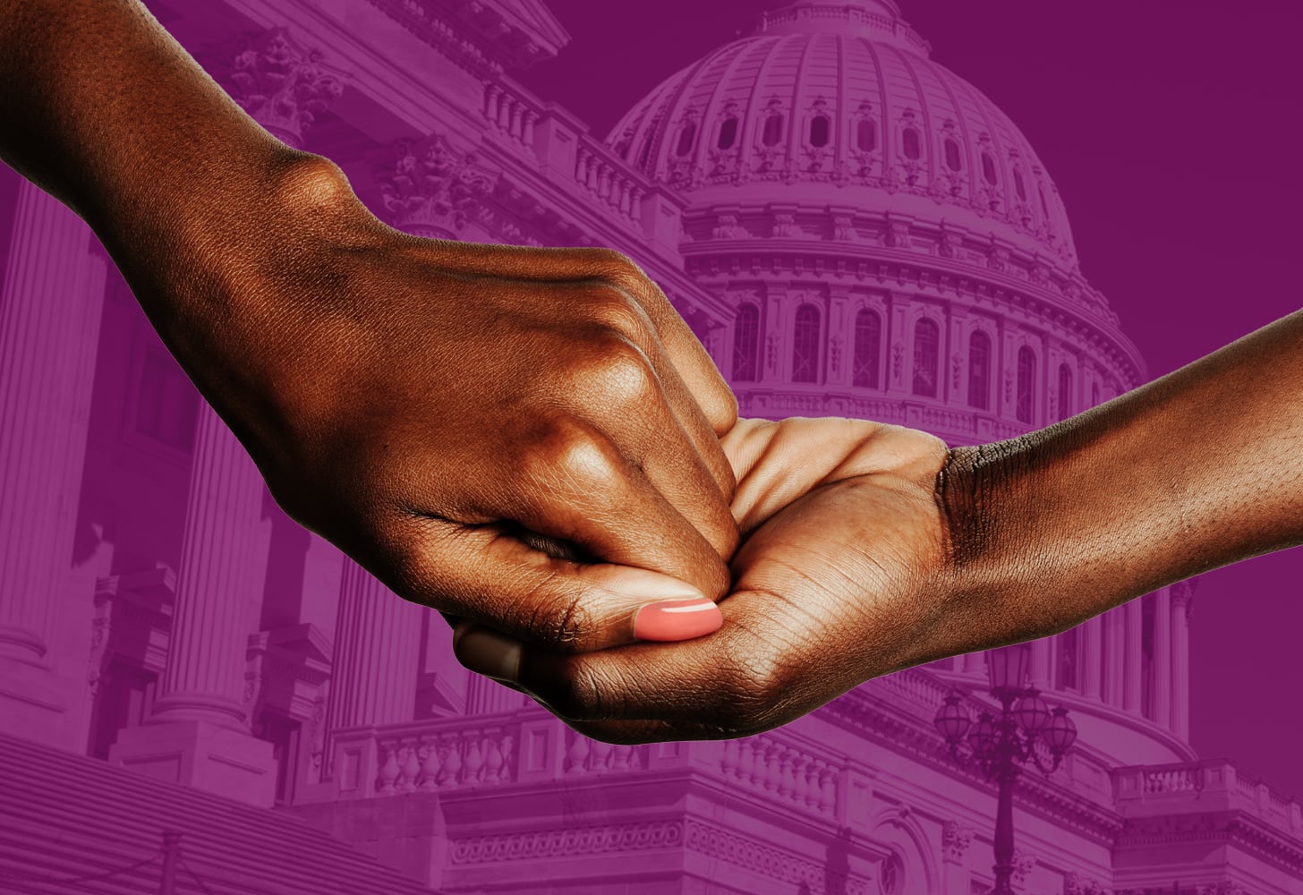 Two arms reaching out holding hands in front of the US capitol in front of a purple backdrop.