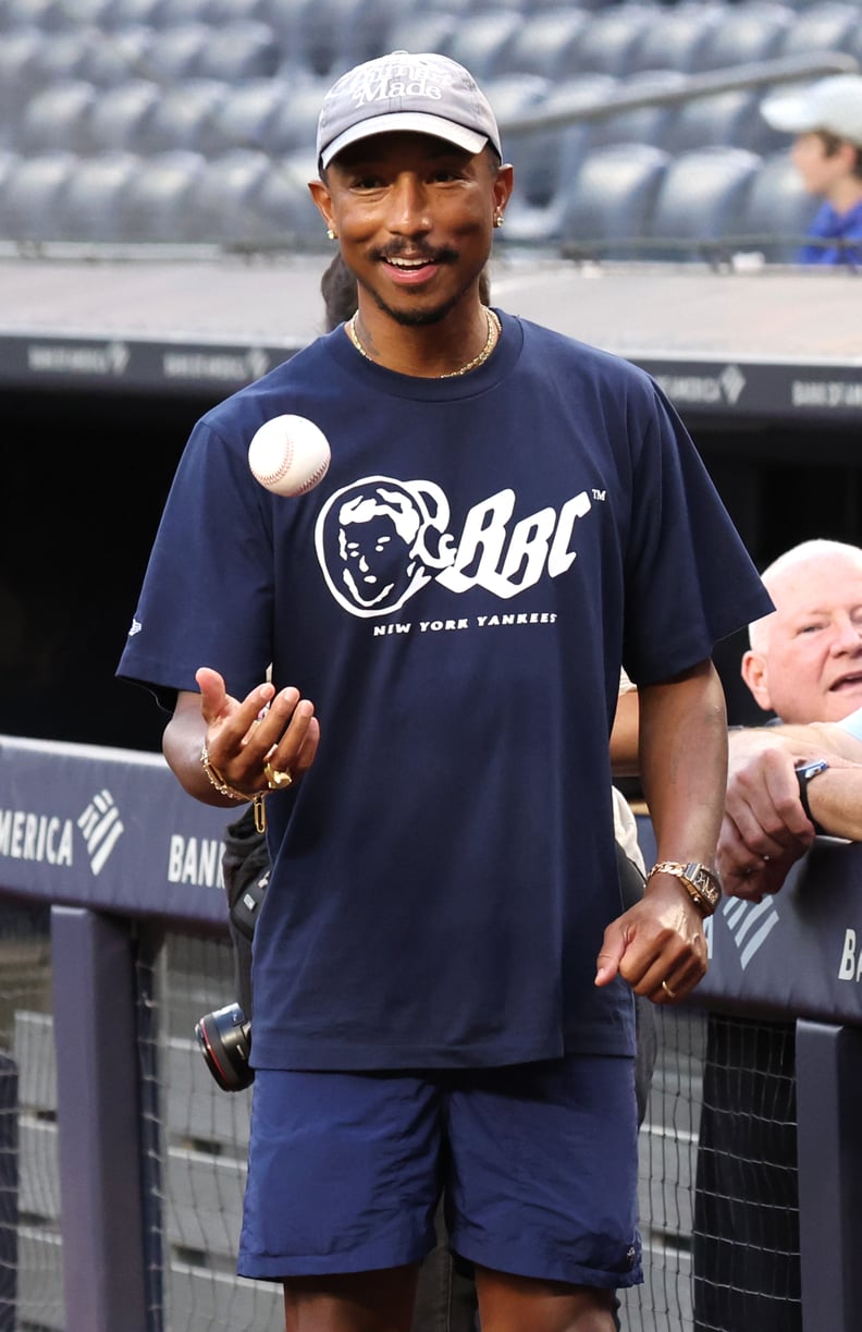Pharrell Throws the First Pitch at the New York Yankees vs. Mets Game