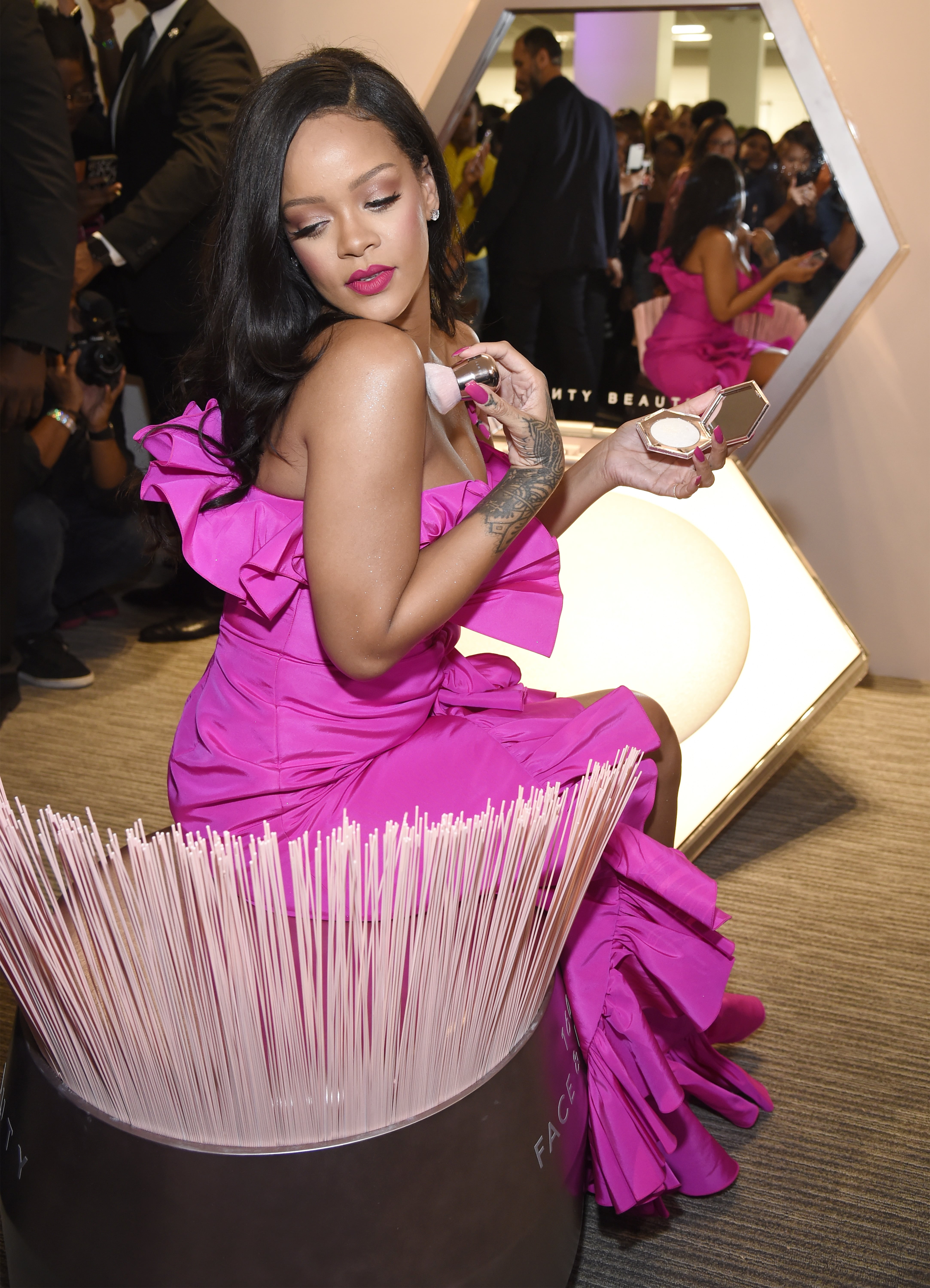 pink dress rihanna Rihanna Pairs Her Favorite Sneakers With a Maternity Mini Dress
