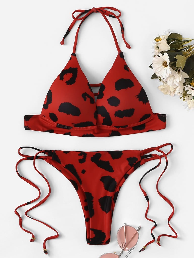 Shein Leopard Ladder CutOut Top With Tie Side Bikini Bebe Rexha Red