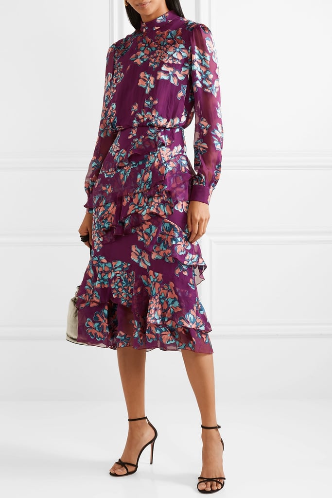 Saloni Isa Ruffled Floral-Print Devoré-Chiffon Midi Dress