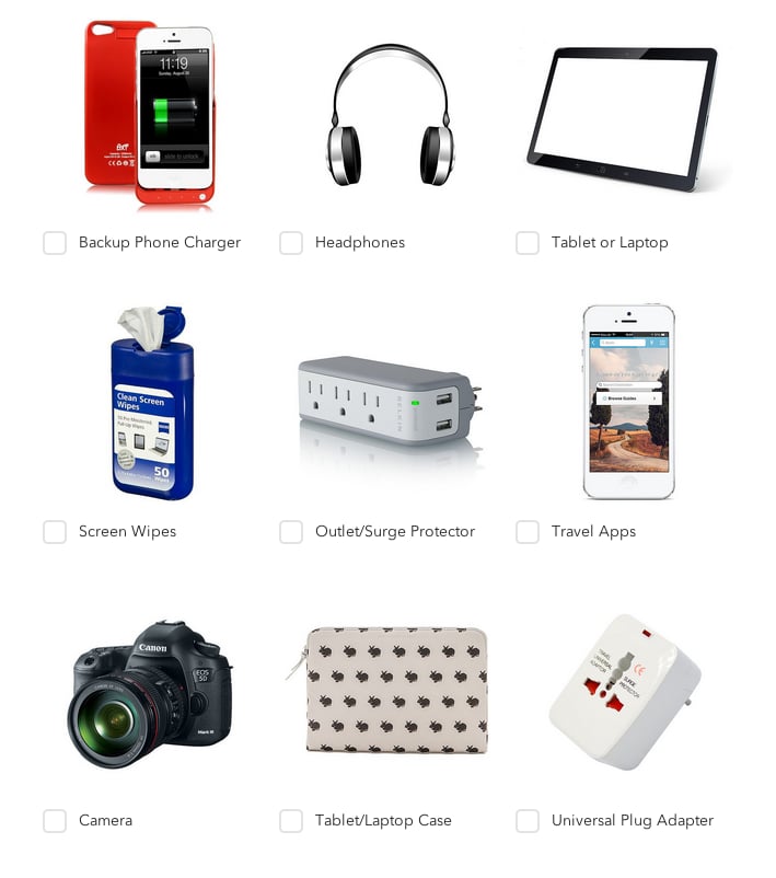 Use a tech travel checklist to pack.