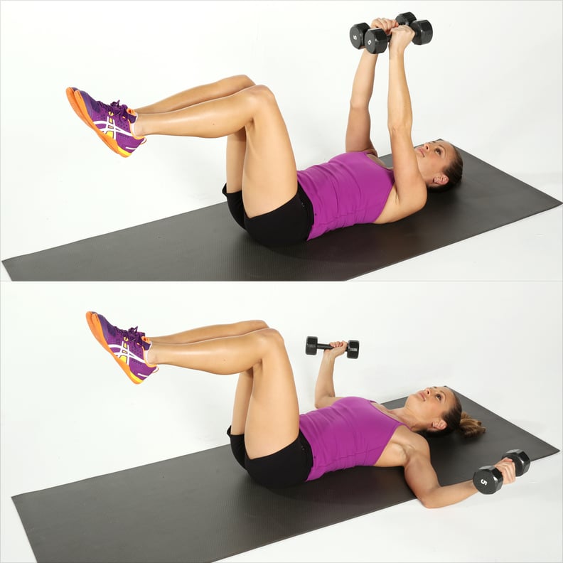 Young Man Use Dumbbell Exercises Chest Fly on Yoga Mat in Living