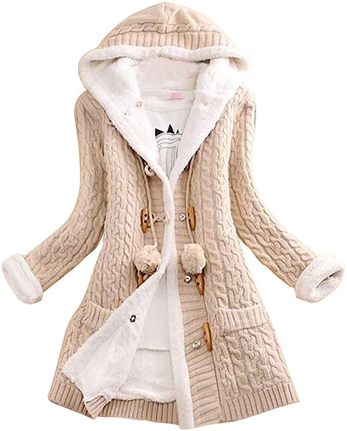 Memela Women's Cable-Knit Fleece-Lined Warm Hooded Sweater Coat