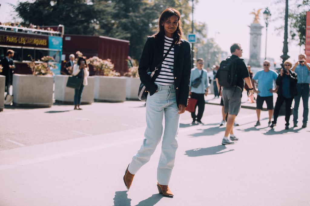 Loose-fitting jeans and cowboy boots give a striped top a "right now" feel.