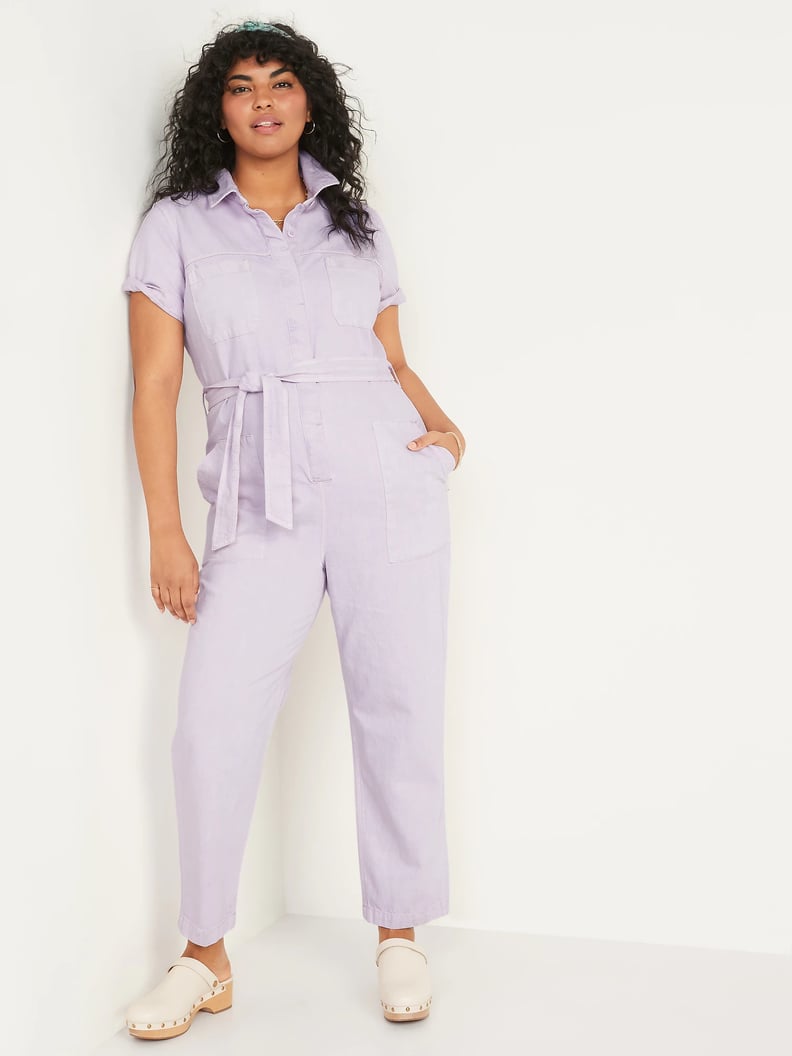 A Colorful Jumpsuit: Old Navy Short-Sleeve Cropped Tie-Belt Utility Non-Stretch Jean Jumpsuit