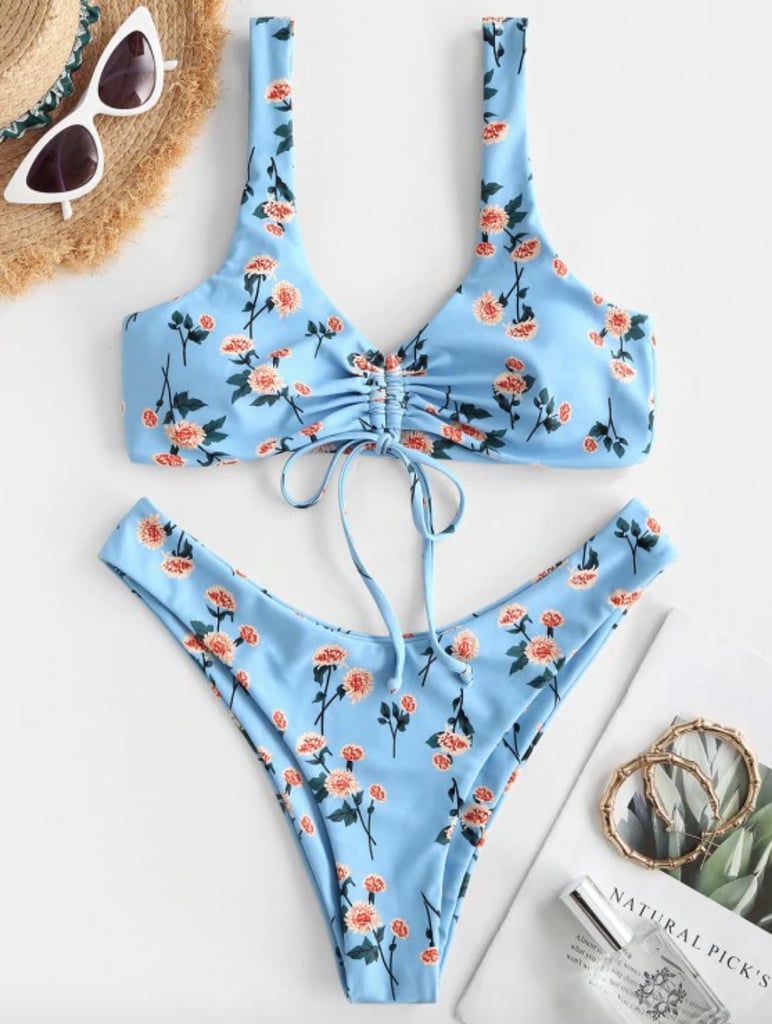 Zaful Floral Cinched Front High Cut Bikini