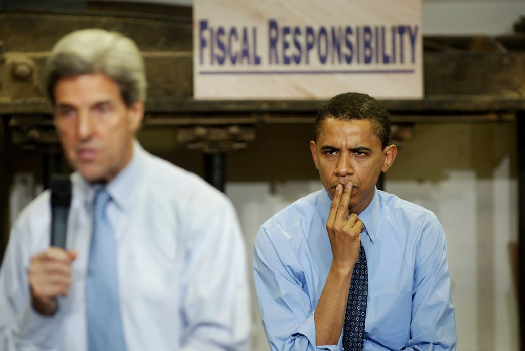 Speaking at a job training center with John Kerry during his Senate campaign in 2004