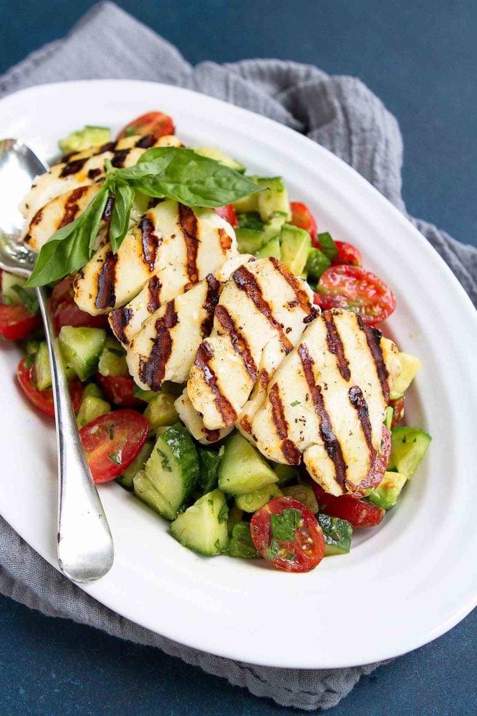 Cucumber Tomato Avocado Salad with Grilled Halloumi