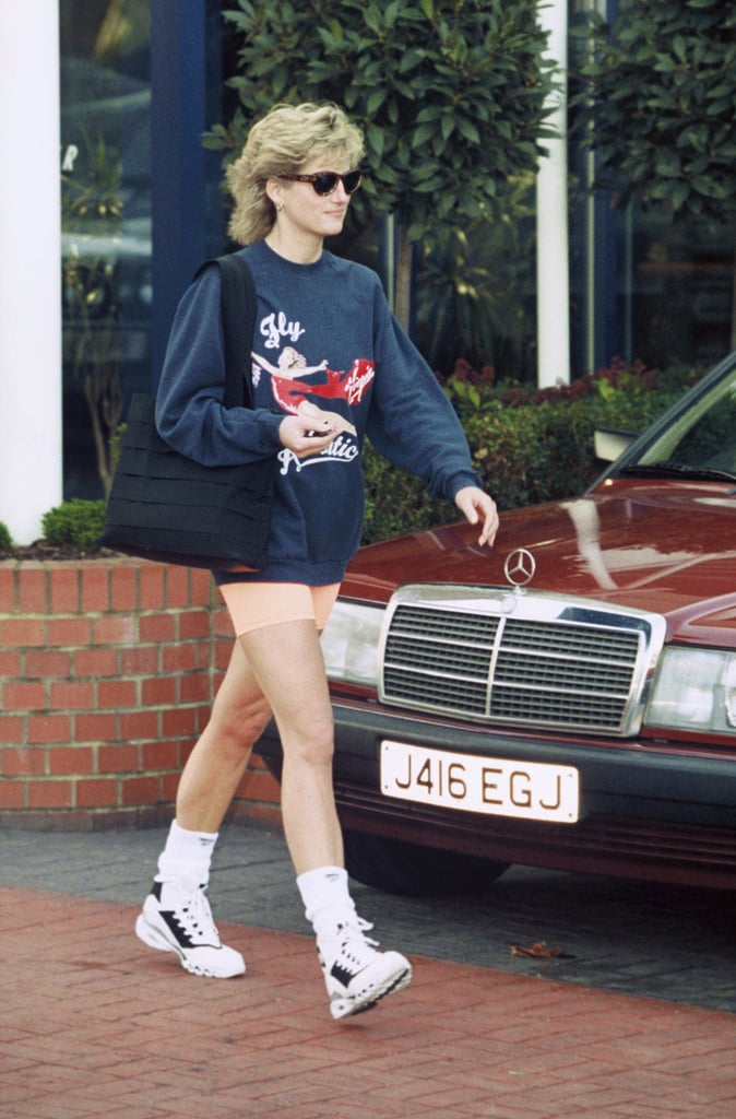 Princess Diana wearing Virgin Atlantic sweatshirt and shorts on 1 Nov. 1995