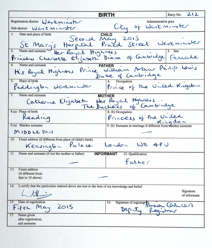 Princess Charlotte's Birth Certificate