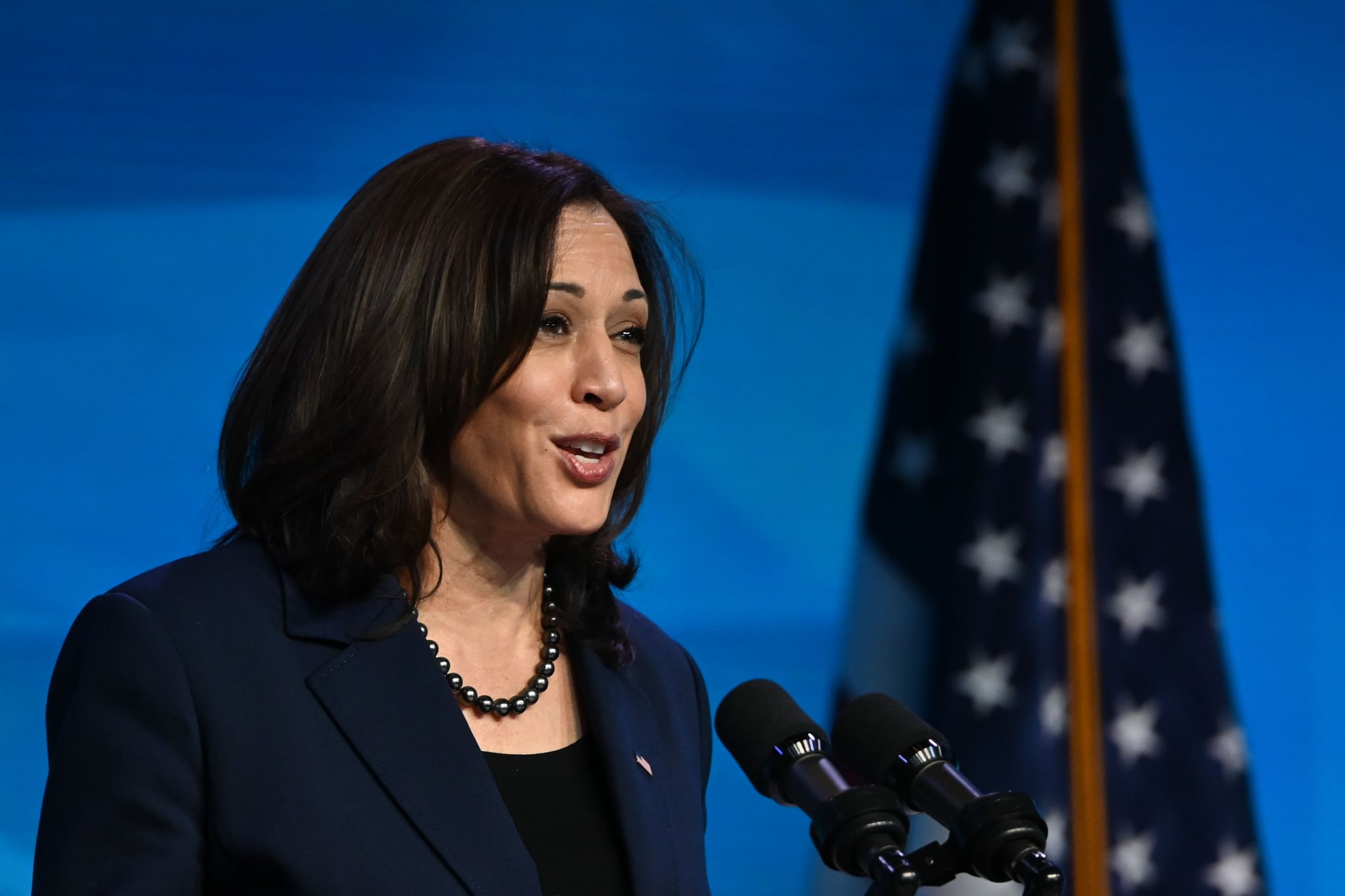 US Vice President-elect Kamala Harris speaks after US President-elect Joe Biden nominated their economic and jobs team at The Queen theatre January 8, 2021 in Wilmington, Delaware. - Biden and Harris announced on January 8, 2021 the following nominees for their economic and jobs team: for Secretary of Commerce, Rhode Island Governor Gina Raimondo; for Secretary of Labour, Boston Mayor Marty Walsh; for Small Business Administrator, California official Isabel Guzman; and for Deputy Secretary of Commerce, Biden's former counselor Don Graves. (Photo by JIM WATSON / AFP) (Photo by JIM WATSON/AFP via Getty Images)