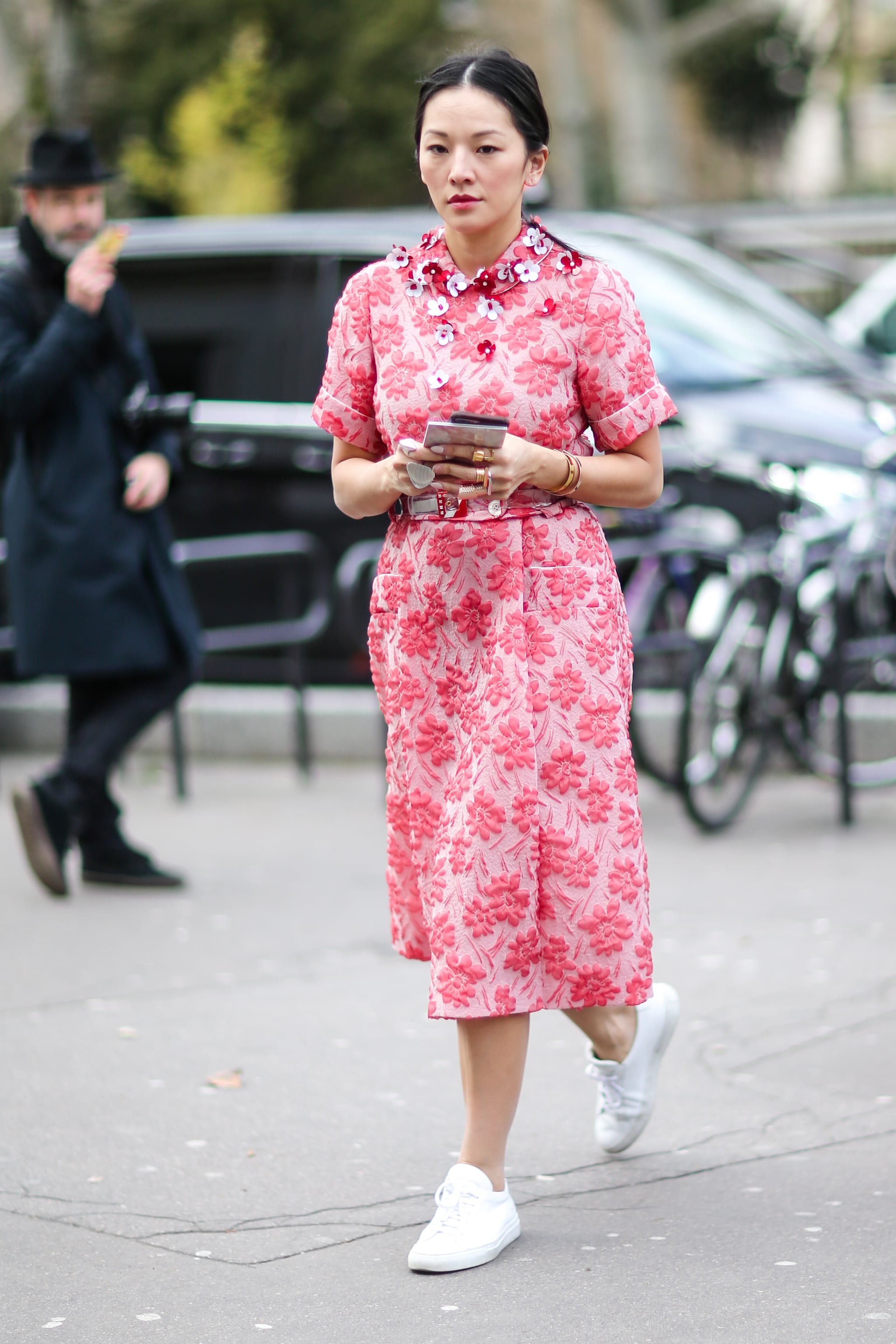 floral dress with white sneakers