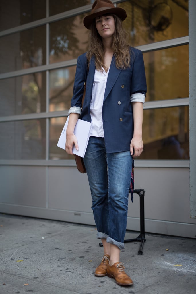 You can certainly rock a black blazer from 9-to-5 at the office, but on the weekends, slip into a navy version for a relaxed vibe. We'd wear this outfit to brunch or to check out some contemporary art galleries.