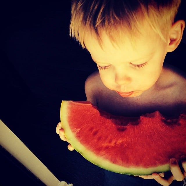 Luca Comrie looked like he was really enjoying his watermelon.
Source: Instagram user hilaryduff