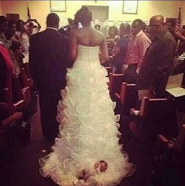 Bride-To-Be Ties Her Baby to Her Wedding Gown!