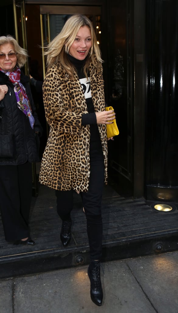 A leopard-print coat topped another all-black look from Kate in November 2012.