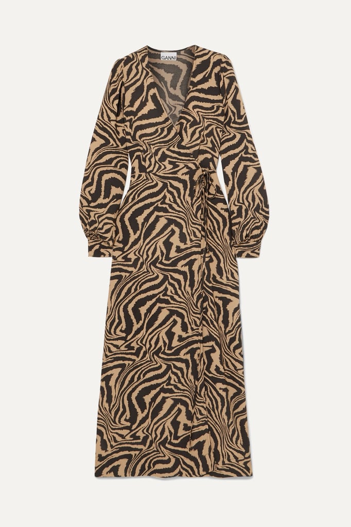Ganni Sand Tiger-Print Crepe Wrap Midi Dress