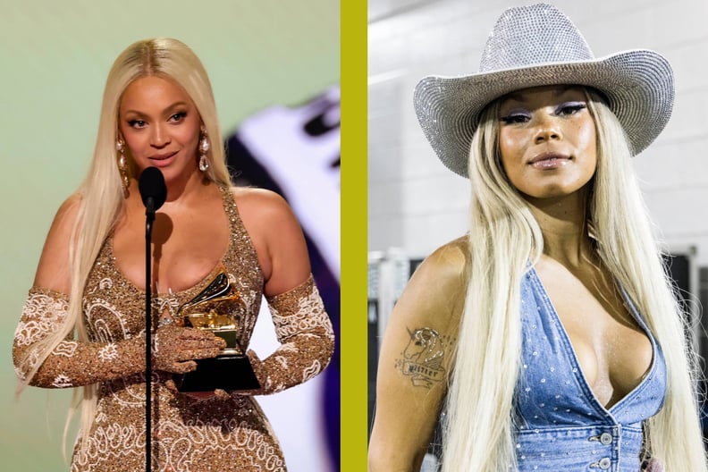 A side-by-side photo shows Beyonce accepting a Grammy award and Tanner Adell wearing a cowboy hat.