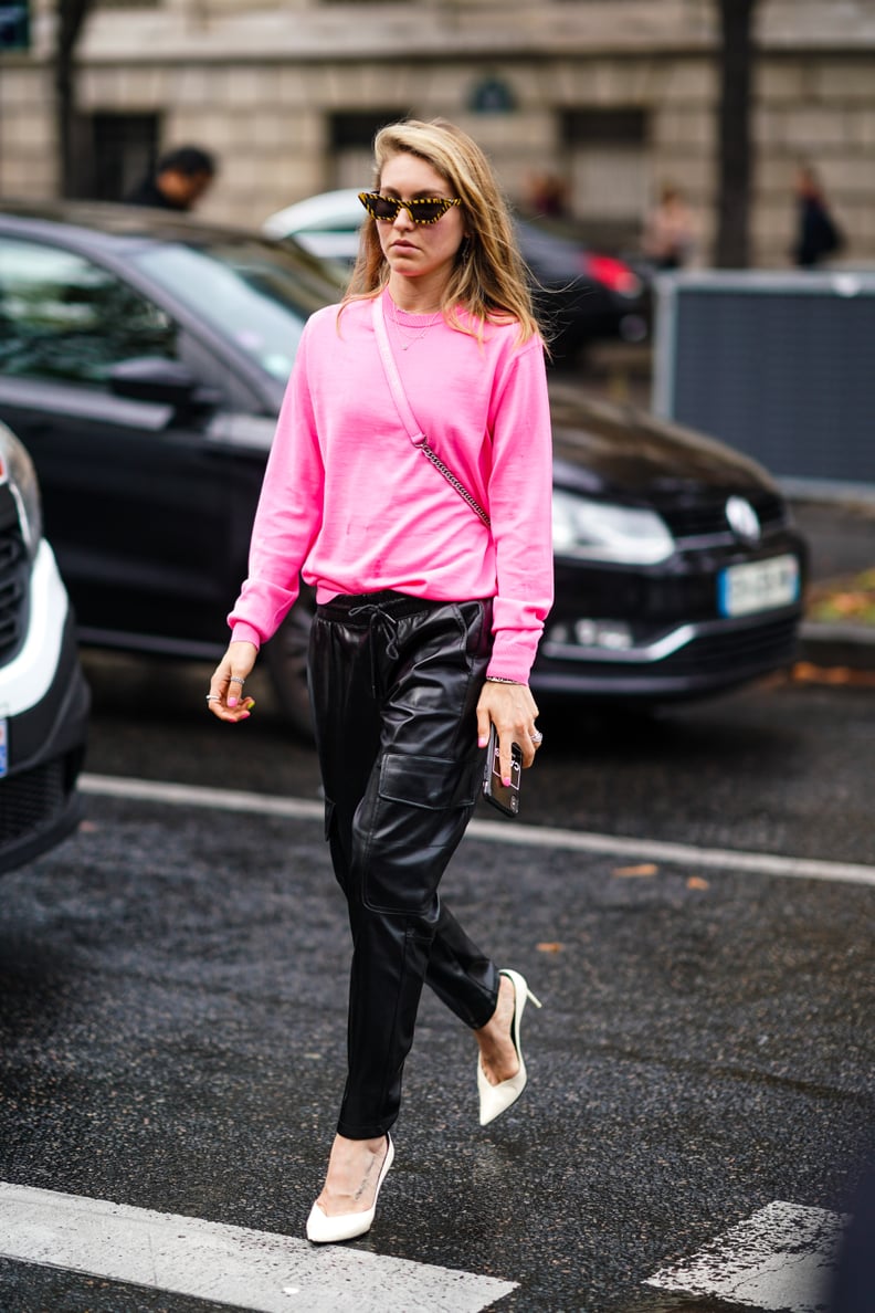 Leather Pants Outfit Idea: Pink Sweater + White Heels