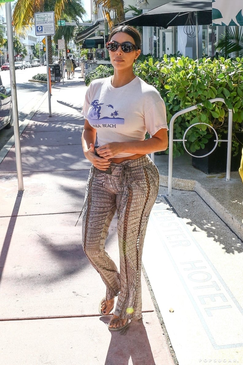 Kim Kardashian Wearing Lace-Up Croc-Effect Pants in Miami