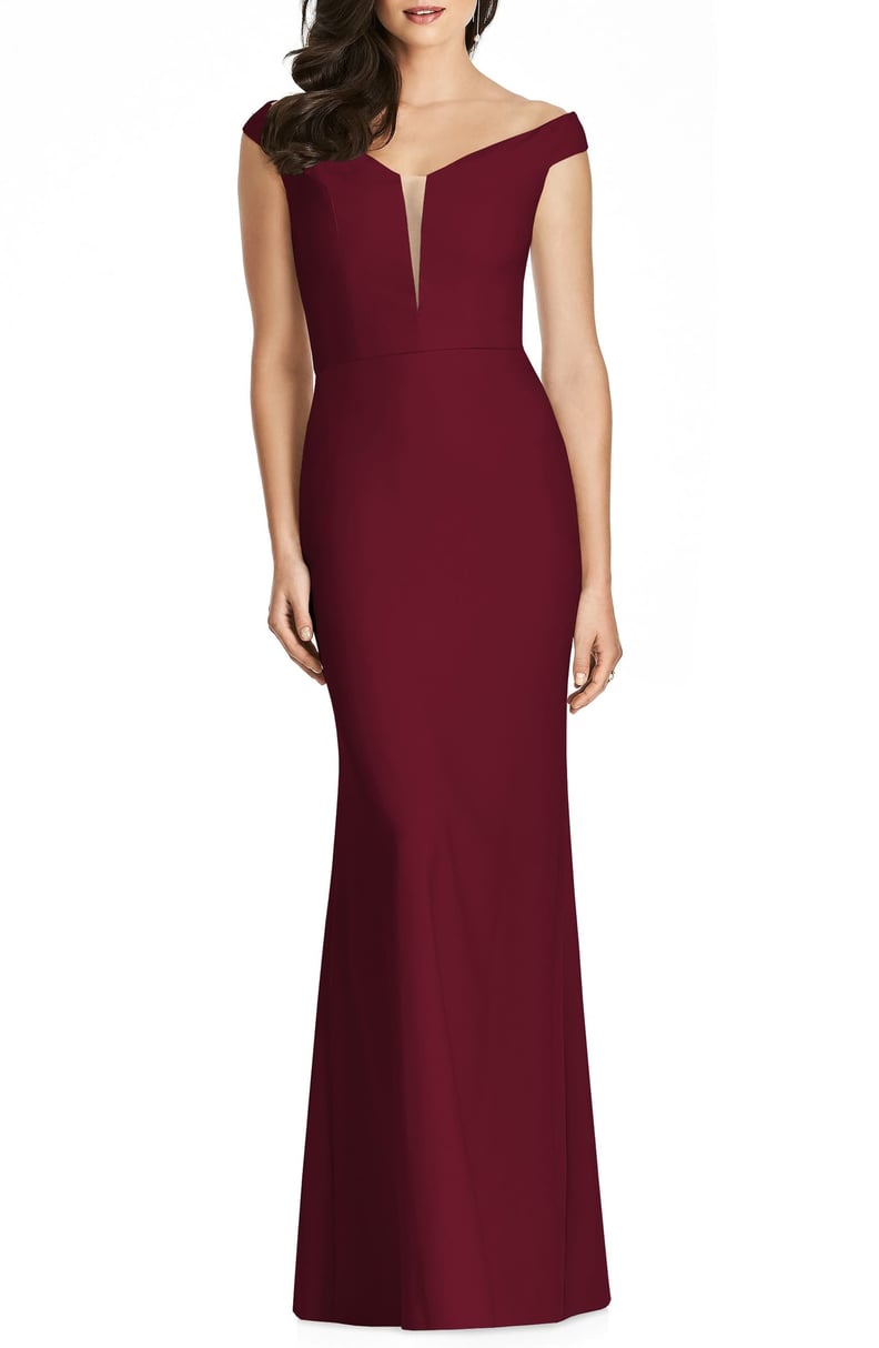 Dessy Collection Off the Shoulder Crepe Trumpet Gown