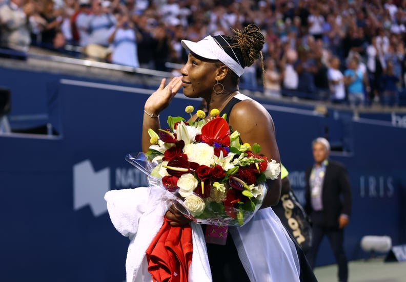 TORONTO, ON - AUGUST 10:  Serena Williams of the United States wavess to the crowd as she leaves the court after losing to Belinda Bencic of Switzerland during the National Bank Open, part of the Hologic WTA Tour, at Sobeys Stadium on August 10, 2022 in T