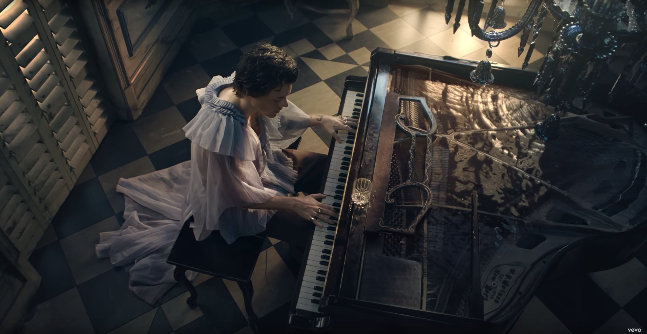 harry styles falling dress See Harry Styles's Lilac Gucci Dress in the "Falling" Video