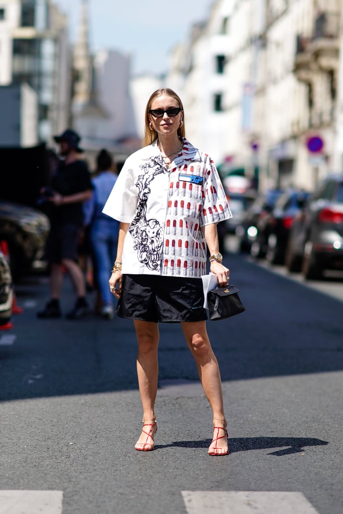 How fresh does an oversize button-down shirt feel over a short skirt with barely-there sandals?