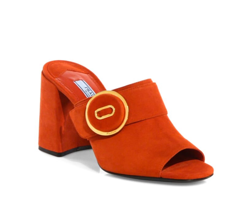 Prada Suede Button Block Heel Mules