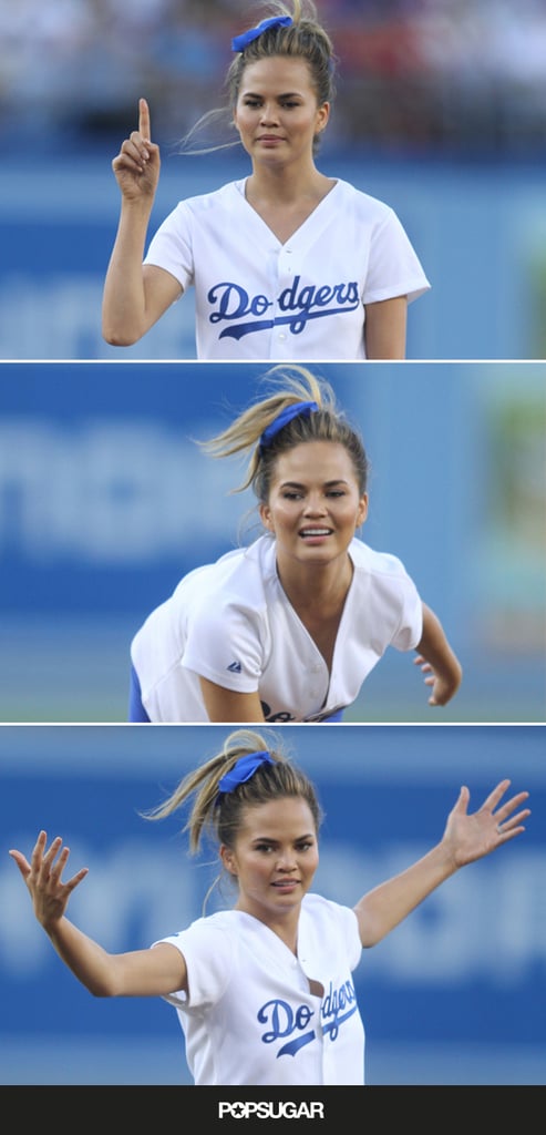 Chrissy Teigen Throwing First Pitch at LA Dodgers Game