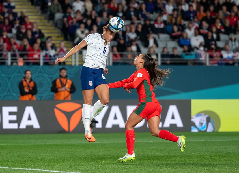 AUCKLAND, NEW ZEALAND - AUGUST 1: Lynn Williams #6 of the United States heads the ball during a FIFA World Cup Group Stage game between Portugal and USA at Eden Park on August 1, 2023 in Auckland, New Zealand. (Photo by Brad Smith/USSF/Getty Images for US
