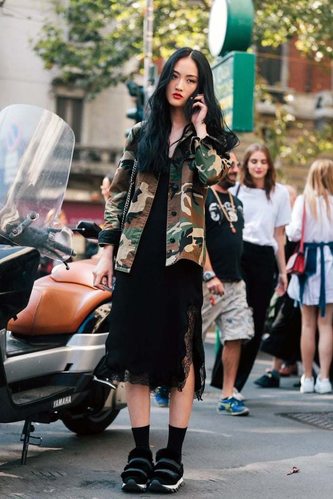 Liven Up Your Black Slip Dress With a Camo Jacket