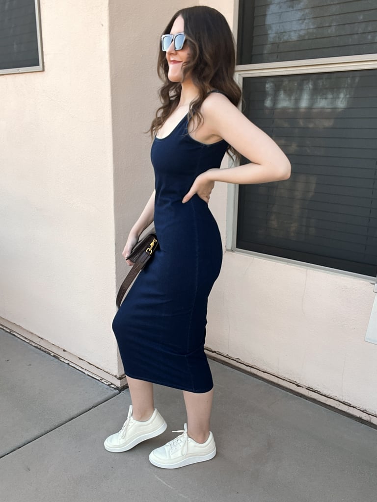 "I never knew that I needed a body-hugging denim dress (of all things) in my life, but after a couple weeks of practically living in this Good American Soft Sculpt Midi Dress ($109), I now know that it's exactly what my closet has been missing. I can't lie — this dress requires a bit of wiggling to get into because it's on the tighter side, but once it's on, it feels so good. The compression material is totally breathable and cool, despite its snug-fitting silhouette. I love that the dress perfectly highlights my curves — hell, even a few that I didn't know I had! The piece holds so much styling opportunity, too. I can don it with my favorite pair of sneakers, dress it up with heels, or even lounge around in it. Regardless of how I style the piece, I know it's one that I'll be wearing on repeat this spring and likely well into the summer, too." — Kyley Warren, assistant editor, commerce