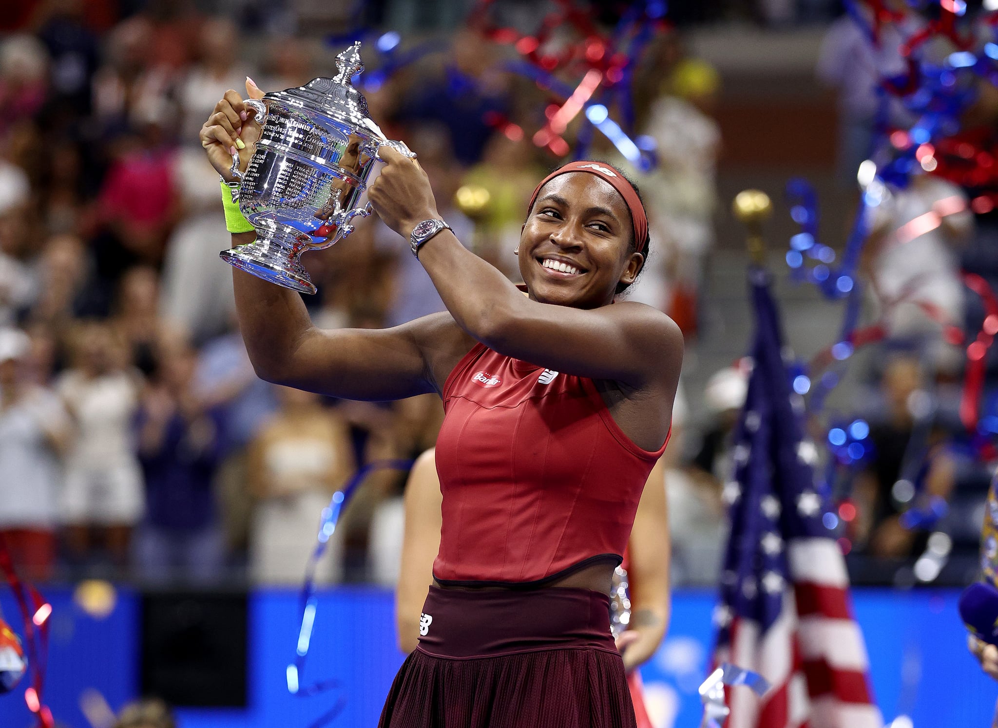 NEW YORK, NEW YORK - SEPTEMBER 09: Coco Gauff of the United States celebrates after defeating Aryna Sabalenka of Belarus in their Women's Singles Final match on Day Thirteen of the 2023 US Open at the USTA Billie Jean King National Tennis Centre on September 09, 2023 in the Flushing neighbourhood of the Queens borough of New York City. (Photo by Elsa/Getty Images)