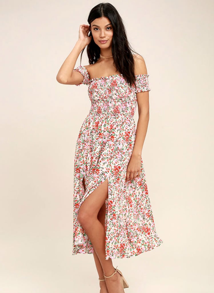 Lulus View from the Meadow Cream Floral Print Off-the-Shoulder Dress
