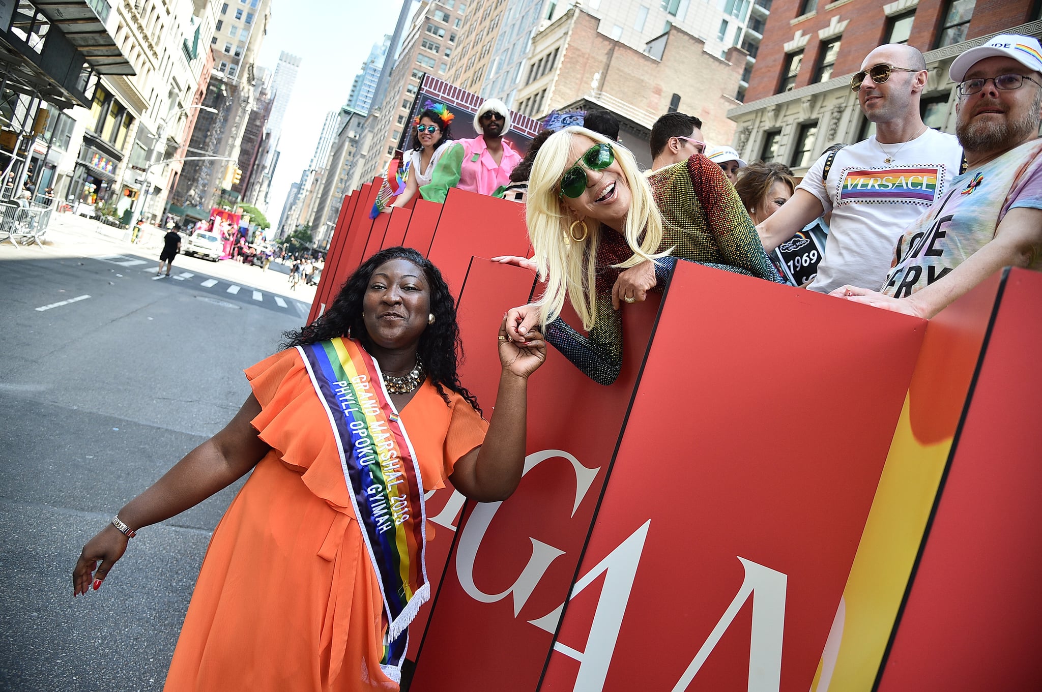 NEW YORK, NEW YORK - JUNE 30:  Phyll Opoku-Gyimah (Lady Phyll) and Donatella Versace attend Pride March - WorldPride NYC 2019 on June 30, 2019 in New York City. (Photo by Theo Wargo/Getty Images)