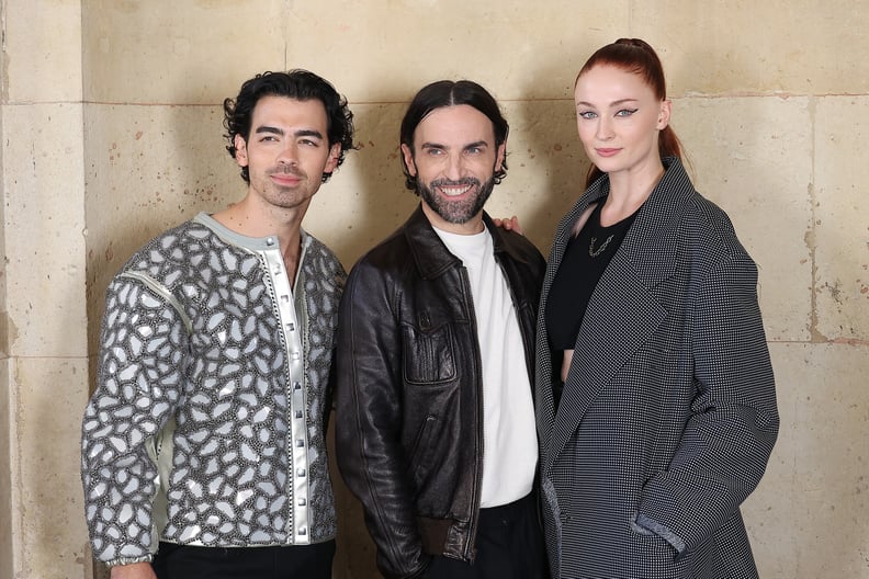 PARIS, FRANCE - OCTOBER 04: (EDITORIAL USE ONLY - For Non-Editorial use please seek approval from Fashion House) Joe Jonas, Nicolas Ghesquière and Sophie Turner pose backstage prior to the Louis Vuitton Womenswear Spring/Summer 2023 show as part of Paris 